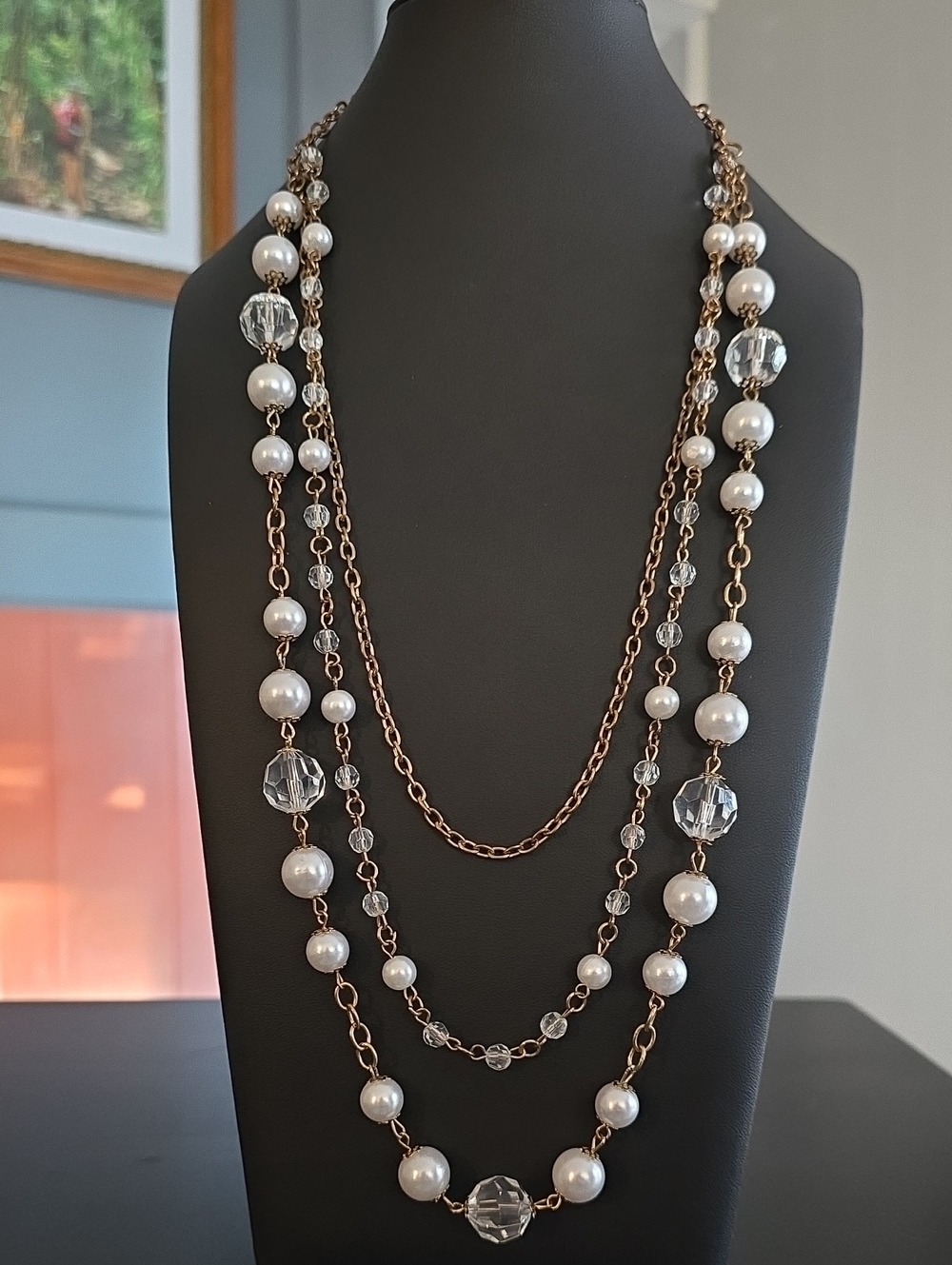 Multi-Strand Pearl and Crystal Necklace in Gold Tone